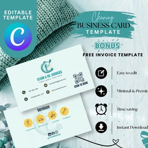 Editable Cleaning Business Card Template, QR Code, Free Invoice (Digital Download)