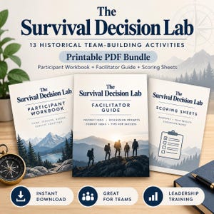 May include: The Survival Decision Lab printable PDF bundle includes a participant workbook, facilitator guide, and scoring sheets. The covers feature dark blue text, mountain landscapes, and silhouettes of people hiking.