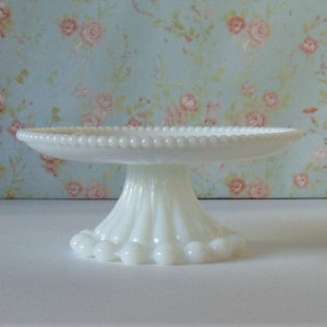 7.25" Small Milk Glass Cake Stand, Beaded Edge Milk Glass, Small Cake Pedestal