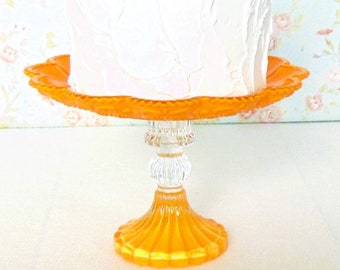 7.25" Creamy Orange Stand, Petite Orange Dessert Stand, Dessert Pedestal, Cupcake Stand, Orange Glass Stand