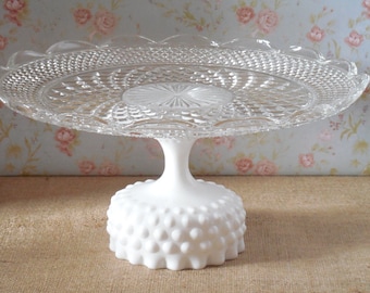 Vintage Hobnail Milk Glass Cake Stand - 14" Wedding Pedestal