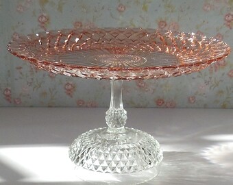 13.5" Large Pink Glass Cake Stand, Clear and Pink Wedding Cake Stand, Large Glass Cake Stand