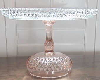 12 Inch Light Pink Diamond Point Glass Cake Stand, Wedding Cake Stand, Vintage Glass Cake Stand, Clear Glass Cake Stand