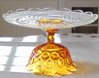 14" Glass Cake Stand, Amber Glass Cake Pedestal, Vintage Glass Stand, Wedding Dessert Pedestal, Amber Glass Stand, Large Cake Stand