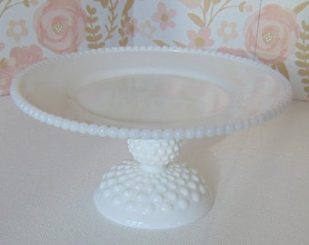 8.25" Milk Glass Cake Stand, Beaded Edge Milk Glass, Small Cake Pedestal, Cupcake Stand, Weddings, Baby Shower, Hobnail Milk Glass