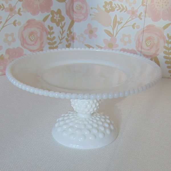 8.25" Milk Glass Cake Stand, Beaded Edge Milk Glass, Small Cake Pedestal, Cupcake Stand, Weddings, Baby Shower, Hobnail Milk Glass