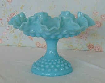 Fenton Aqua Milk Glass, Hobnail Milk Glass Footed Bowl, Fenton Turquoise Blue Hobnail Milk Glass Pedestal Bowl, Ruffled Edge Footed Bowl