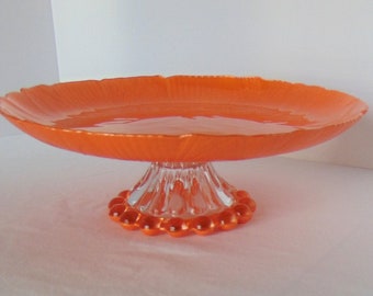 10.0" Orange Cake Stand, Glass Wedding Cake Pedestal, Glass Cake Plate, Cupcake Stand, Baby shower