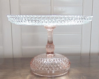 12 Inch Light Pink Diamond Point Glass Cake Stand, Wedding Cake Stand, Vintage Glass Cake Stand, Clear Glass Cake Stand