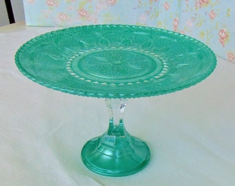 Green Glass Cake Stand, Small Green Stand, Dessert Pedestal