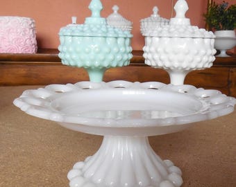 8.5" Milk Glass Cake Stand: Lace Edge Dessert Pedestal (8.50")