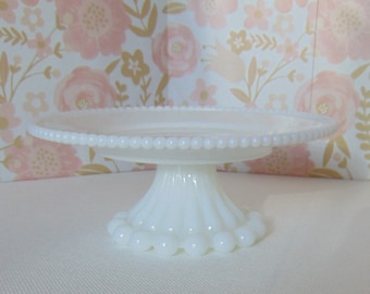 Small Milk Glass Cake Stand Beaded Edge Dessert Pedestal (8.25")