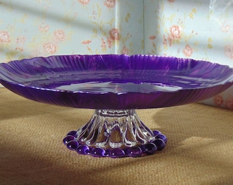 10 Inch Purple Cake Stand, Glass Wedding Cake Pedestal, Glass Cake Plate, Cupcake Stand, Dessert Stand