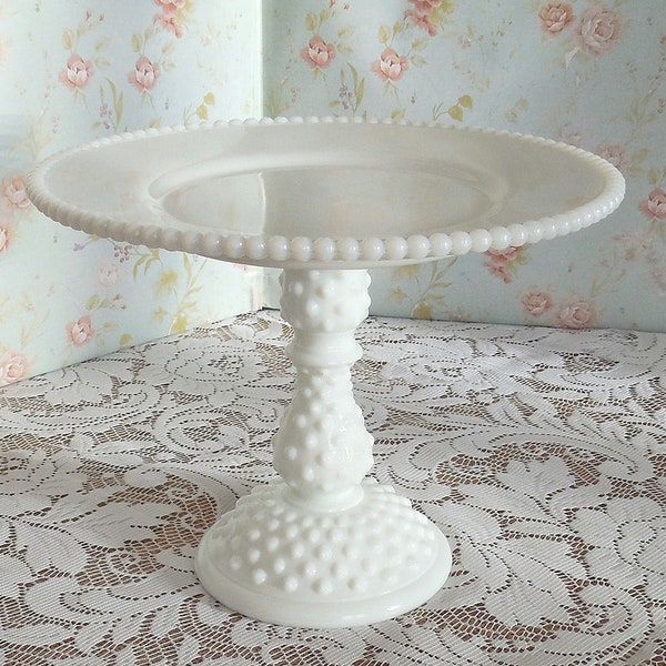 8.25" Milk Glass Cake Stand, Hobnail Beaded Edge, Small Cake Pedestal, White Cake Stand, Vintage Dessert Stand, Wedding, Baby Shower