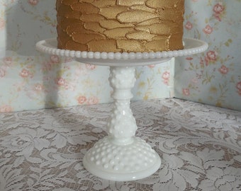 Vintage Milk Glass Cake Stand: Hobnail Beaded Edge, 8.25" Small Pedestal