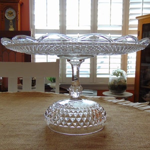 Vintage Clear Glass Cake Stand, Diamond Point Pedestal, Wedding Display