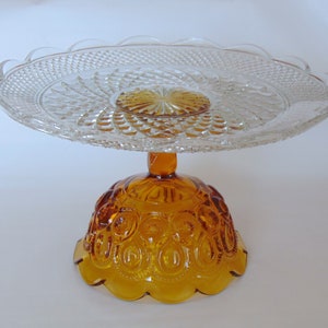 14 Glass Cake Stand, Amber Glass Cake Pedestal, Vintage Glass Stand, Wedding Dessert Pedestal, Amber Glass Stand, Large Cake Stand image 4