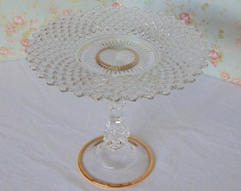 8" Cake Stand, Crystal Glass Cake Stand, Clear Crystal and Gold Wedding Cake Stand, Cake Pedestal, Vintage Glass Cake Stand