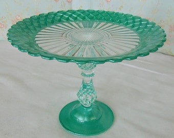 9.25" Green Glass Cake Stand, Emerald Green Wedding Cake Stand, Green Crystal Glass Stand, Cake Pedestal, Shower Cake Stand, Birthday Stand