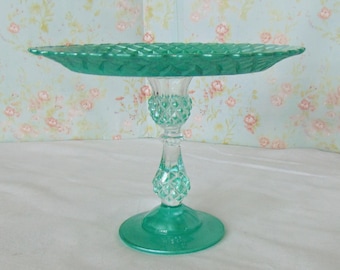 Green Glass Cake Stand, Handcrafted Vintage Glass and Crystal Pedestal (9.25"), Dessert Stand, Wedding Cake Stand