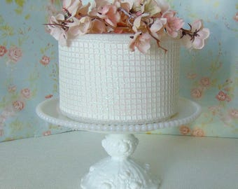 Vintage Beaded Edge Milk Glass Cake Stand, Cabbage Rose Pedestal, Wedding Cake Stand