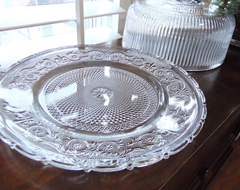 Vintage Glass Lidded Dessert Plate, Cake Plate with Dome, Ribbed Dome with Cake Plate