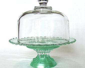 Minty Green Stand, Lidded Dessert Pedestal, 8-inch Cake Stand, Small Cake Pedestal, Glass Cloche and Pedestal