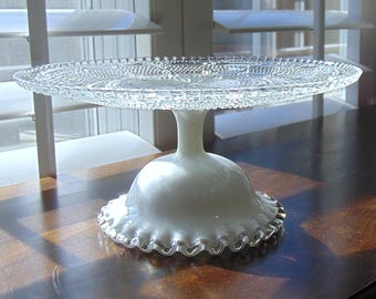9.5" Cake Stand, White Milk Glass, Vintage Glass Cake Stand, Wedding Cake Stand, Milk Glass Pedestal, Baby Shower Cake Stand