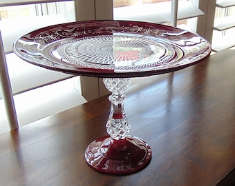 Hand painted 10" Burgundy Cake Stand, Wedding Dessert Pedestal, Burgundy Wedding, Vintage Glass and Crystal