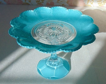 7.25" Turquoise Blue Stand, Petite Aqua Dessert Stand, Dessert Pedestal, Cupcake Stand, Turquoise Glass Stand, Small Dessert Stand