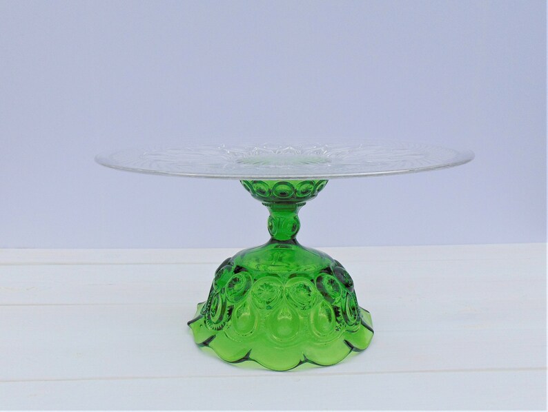 Large 13.5 Glass Cake Stand Green Glass Cake Pedestal Etsy