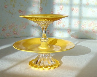 Yellow Glass Cake Stand, Yellow 2 Tier Stand, Tea Party Stand, Cupcake Stand, Tea Cake Stand, Baby Shower Dessert Stand