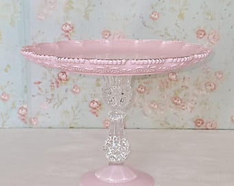 Light Pink Cake Stand, Vintage Crystal Dessert Pedestal, 10" Cake Plate, Wedding Stand, Baby Shower Dessert Display