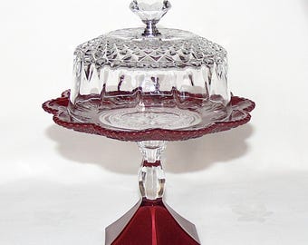 Petite Burgundy Glass Cloche and Pedestal, Tea Party Stand, Mini Dessert Stand with Lid, Burgundy Cloche and Pedestal
