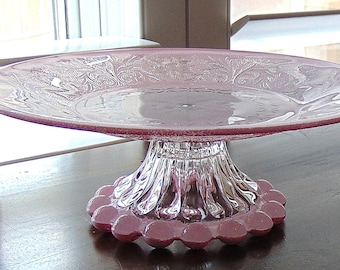 Light Pink Glass Cake Stand Vintage Dessert Pedestal 9 Inch Plate
