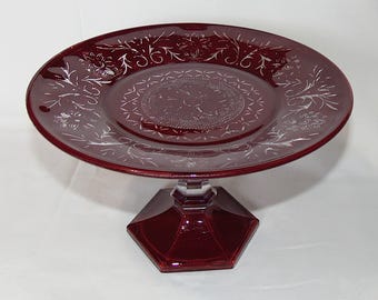 Hand-Painted Burgundy Glass Cake Stand, Crystal Dessert Pedestal, Distressed Vintage Style