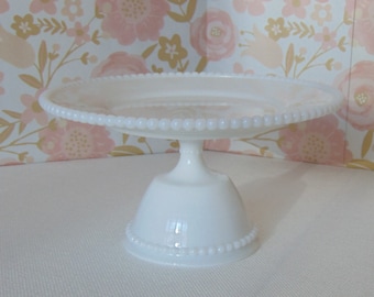 8.25" Milk Glass Cake Stand, Hobnail Milk Glass, Beaded Edge Vintage Cake Pedestal, White Vintage Dessert Stand, Wedding, Baby Shower