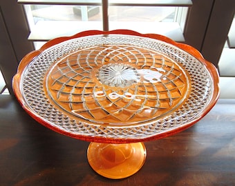 Orange Glass Cake Stand, 9.5" Cake Stand, Cupcake Stand, Orange Wedding Cake Pedestal, Wedding Cake Stand