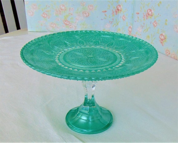 Green Glass Cake Stand, Small Green Stand, Dessert Pedestal