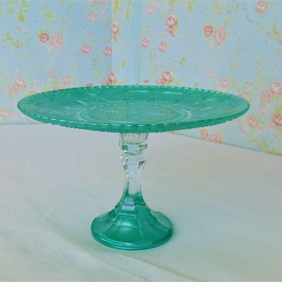 Green Glass Cake Stand, 8" Cake Stand, Cupcake Stand, Emerald Green