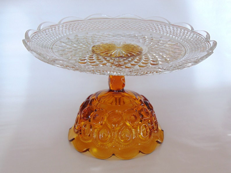 14 Glass Cake Stand, Amber Glass Cake Pedestal, Vintage Glass Stand, Wedding Dessert Pedestal, Amber Glass Stand, Large Cake Stand image 3