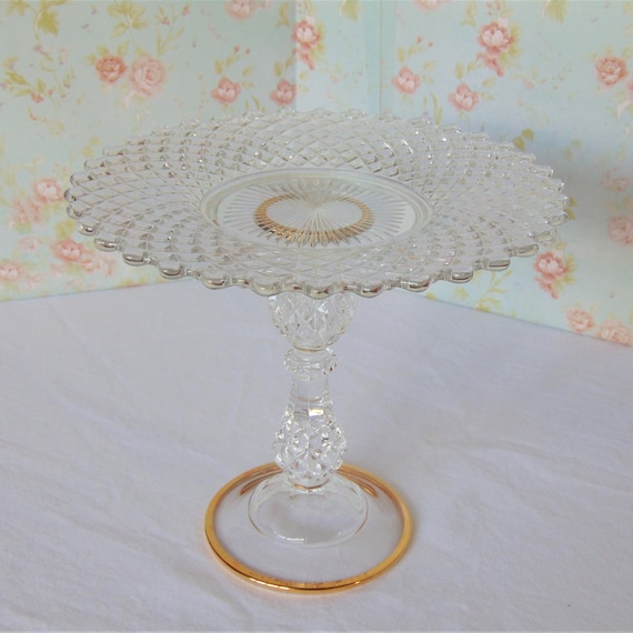 9" Cake Stand, Crystal Glass Cake Stand, Clear Crystal and Gold Wedding