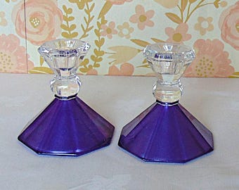 Set of Purple 24% Lead Crystal Candle Holders Octagon Shape Base Vintage