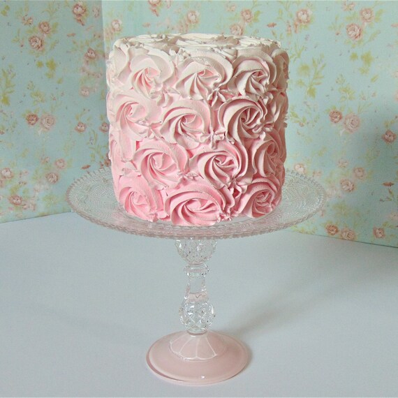 9.0" Glass Cake Stand, Pink Crystal Cake Pedestal, Pink and Clear