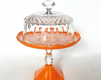 Petite Glass Cloche and Pedestal, Orange Tea Party Stand, Mini Dessert Stand with Lid, Petite Four Display