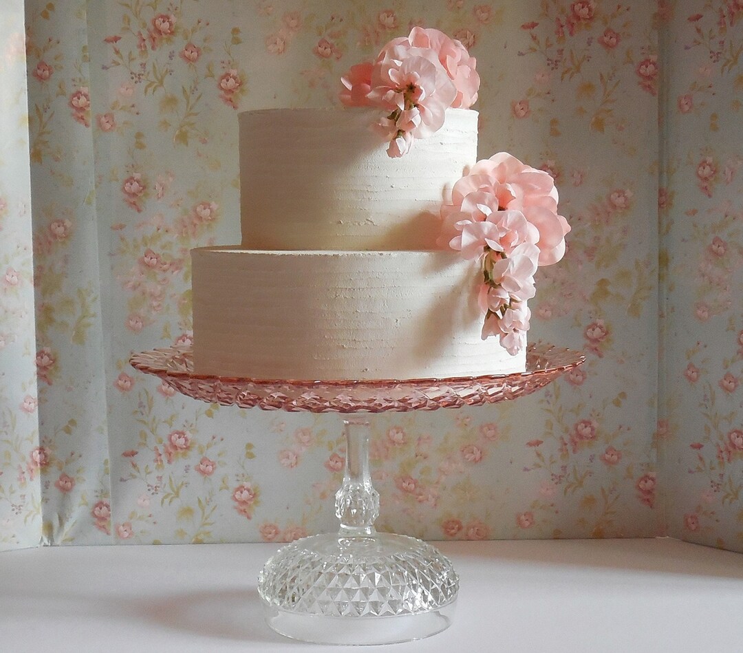 13.5" Large Pink Glass Cake Stand, Clear and Pink Wedding Cake Stand ...