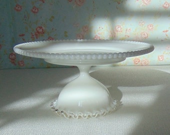 8.25" Milk Glass Cake Stand, Beaded Edge, Small Cake Pedestal, White Cake Stand, Vintage Dessert Stand, Wedding, Baby Shower