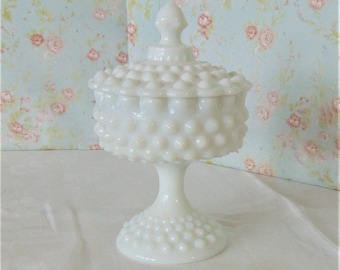 Fenton White Hobnail Milk Glass Candy Dish, Lidded Compote, Hobnail Milk Glass Pedestal Dish