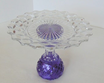 Purple Glass Cake Stand, 8.5 Inch Purple and Clear Stand, Wedding Cake Stand, Cake Pedestal