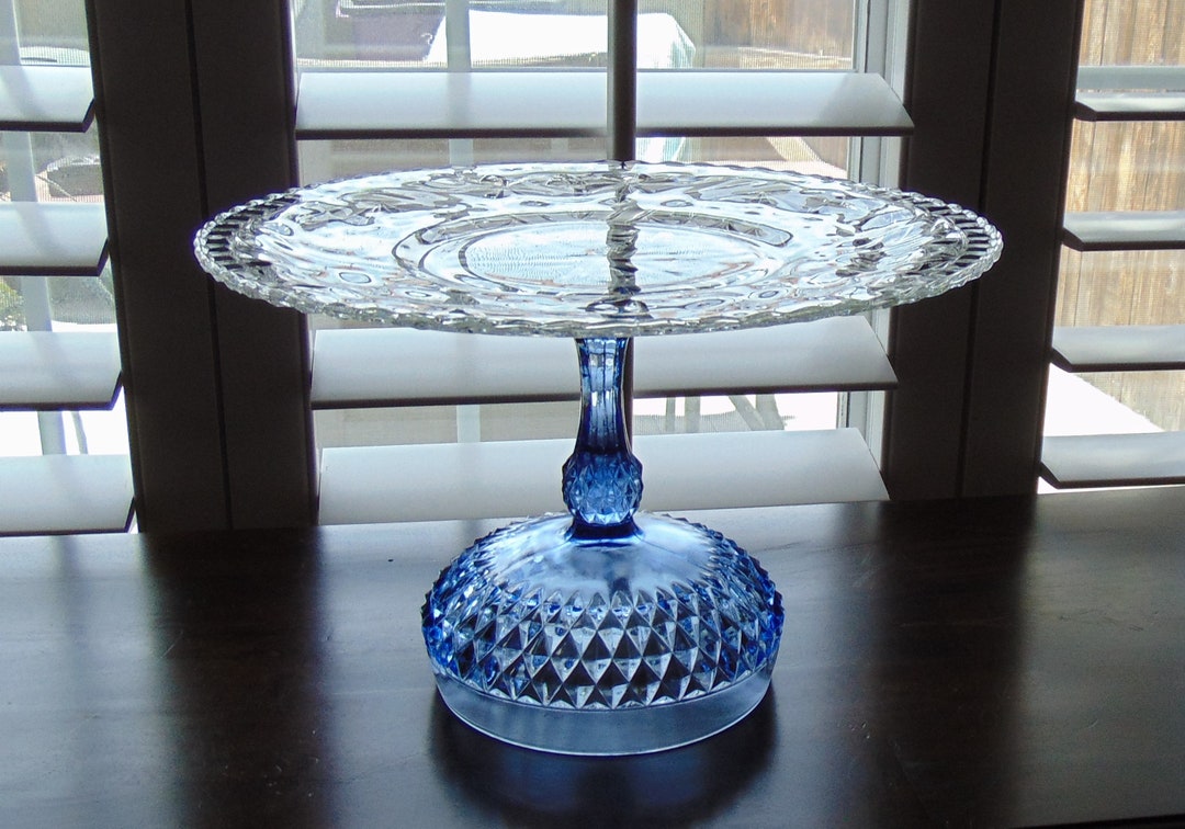 12.75 Inch Clear and Blue Glass Cake Stand, Wedding Cake Stand, Blue ...